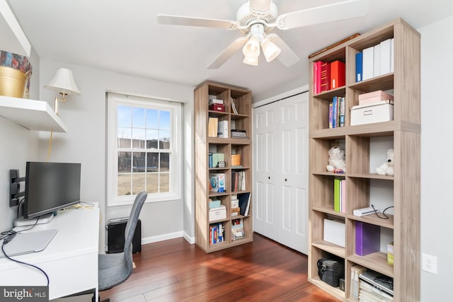 office featuring ceiling fan and dark wood-type flooring