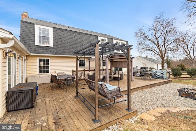 wooden deck featuring an outdoor living space and a pergola