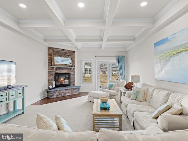 living room with coffered ceiling, wood finished floors, and beam ceiling