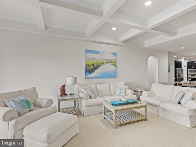 living room with arched walkways, beamed ceiling, coffered ceiling, and recessed lighting