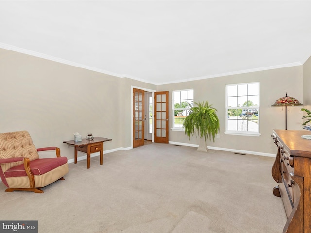330 Mountaineers Way, Emmitsburg, MD 21727 - sitting room featuring crown molding, baseboards, carpet floors, and french doors