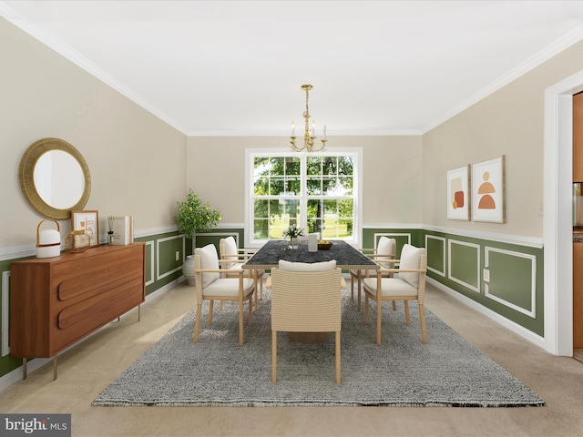 330 Mountaineers Way, Emmitsburg, MD 21727 - dining space featuring a chandelier, ornamental molding, a decorative wall, light carpet, and a wainscoted wall