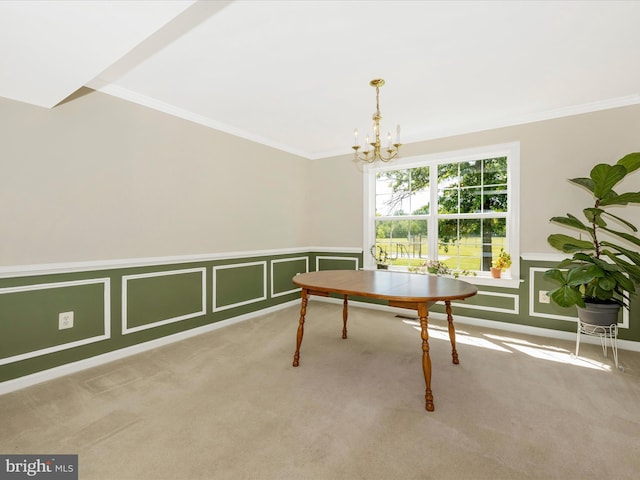 330 Mountaineers Way, Emmitsburg, MD 21727 - carpeted dining room featuring crown molding, a chandelier, a decorative wall, and wainscoting