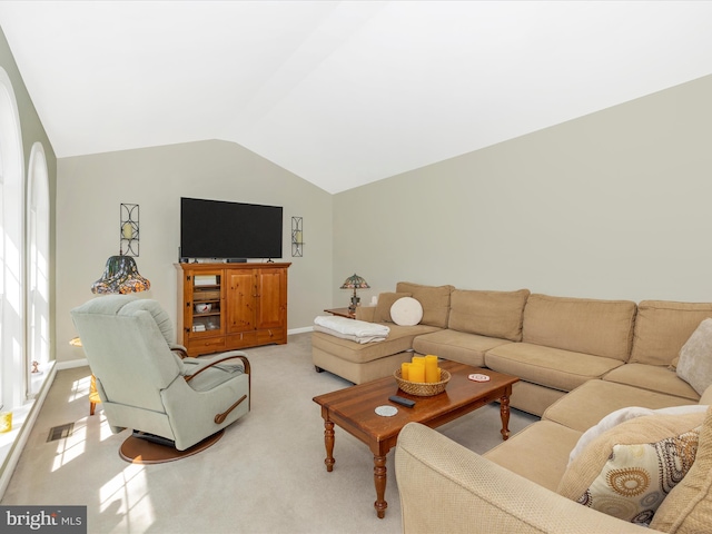 330 Mountaineers Way, Emmitsburg, MD 21727 - living room featuring vaulted ceiling, light colored carpet, and baseboards