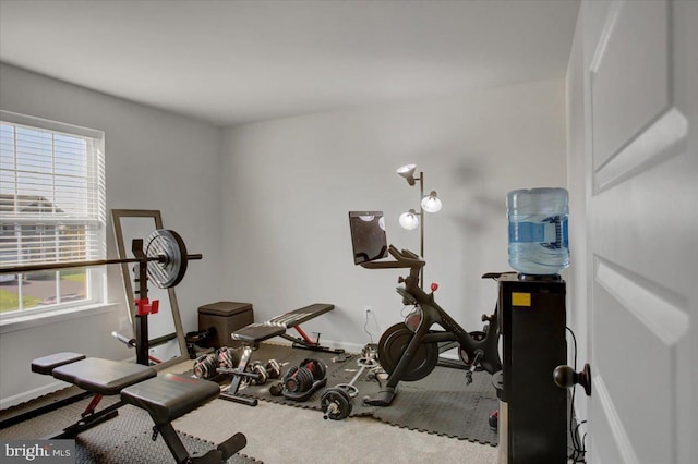 workout area with a healthy amount of sunlight and carpet floors