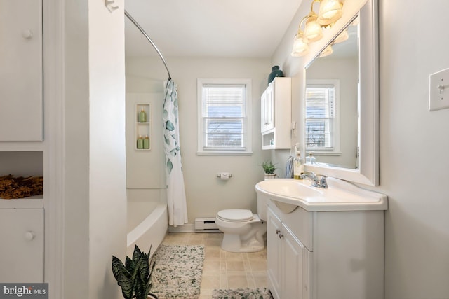 full bathroom with a baseboard heating unit, toilet, shower / tub combo with curtain, and vanity