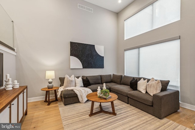 living room with a towering ceiling and light hardwood / wood-style flooring