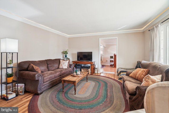 living area with light wood-style floors, baseboards, and ornamental molding