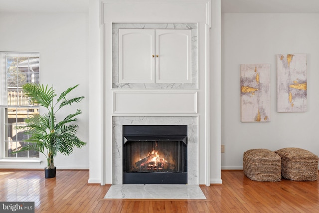 details featuring a high end fireplace, baseboards, and wood finished floors