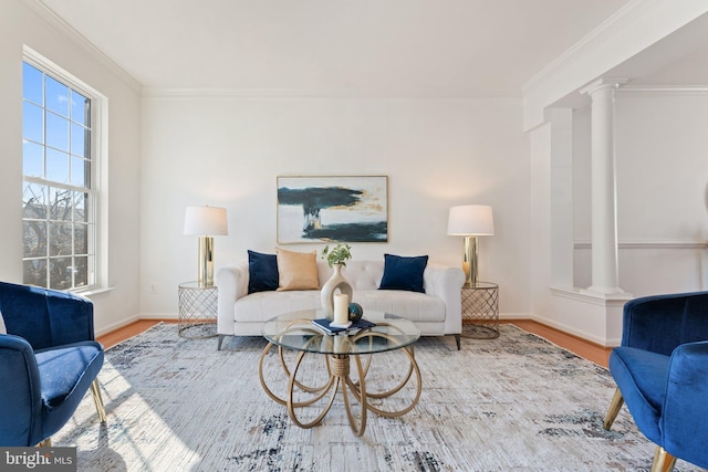 living area featuring decorative columns, crown molding, and wood finished floors