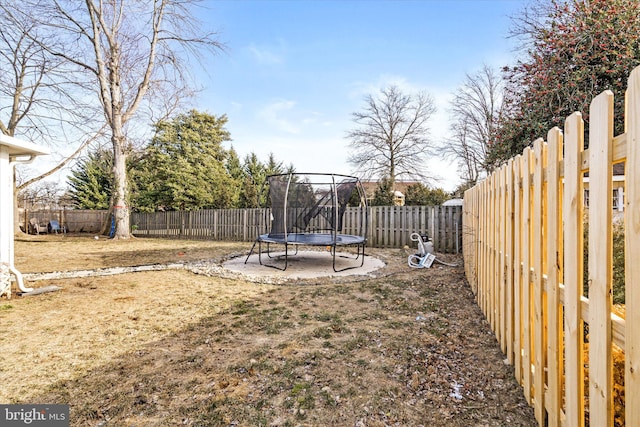 view of yard with a trampoline and a patio area