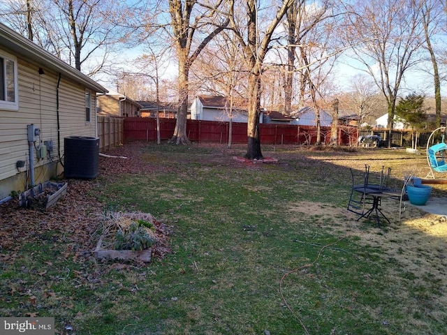 view of yard featuring a fenced backyard and central AC unit