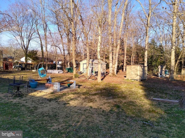 view of yard featuring a storage shed and an outbuilding