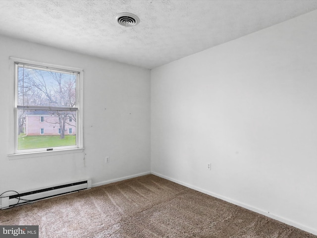 374 Tuscawilla Dr, Charles Town, WV 25414 - empty room featuring visible vents, baseboards, carpet, a textured ceiling, and a baseboard heating unit