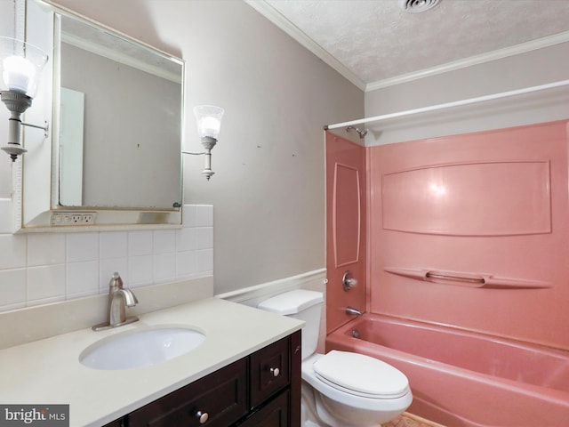374 Tuscawilla Dr, Charles Town, WV 25414 - bathroom with crown molding, vanity, toilet, washtub / shower combination, and decorative backsplash