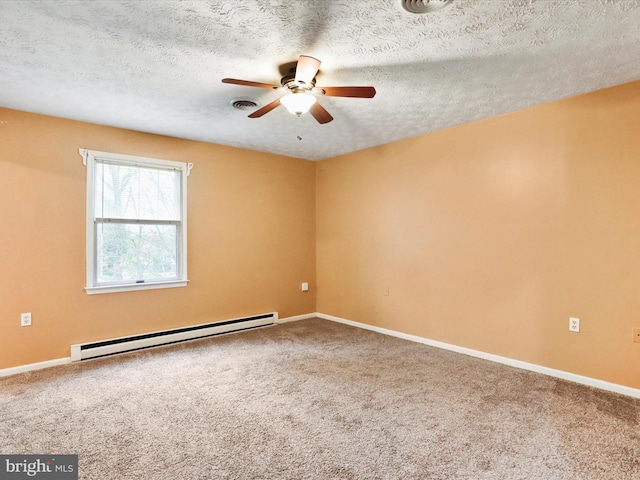 374 Tuscawilla Dr, Charles Town, WV 25414 - unfurnished room with a baseboard heating unit, baseboards, carpet floors, visible vents, and ceiling fan