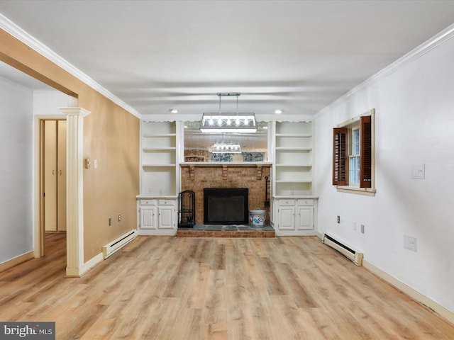 374 Tuscawilla Dr, Charles Town, WV 25414 - unfurnished living room with built in features, a brick fireplace, light wood-type flooring, baseboard heating, and a baseboard heating unit