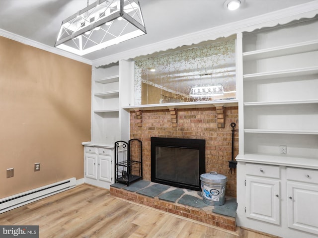 374 Tuscawilla Dr, Charles Town, WV 25414 - unfurnished living room featuring baseboards, a brick fireplace, light wood-type flooring, baseboard heating, and crown molding