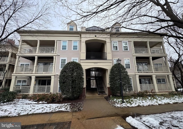 view of snow covered building