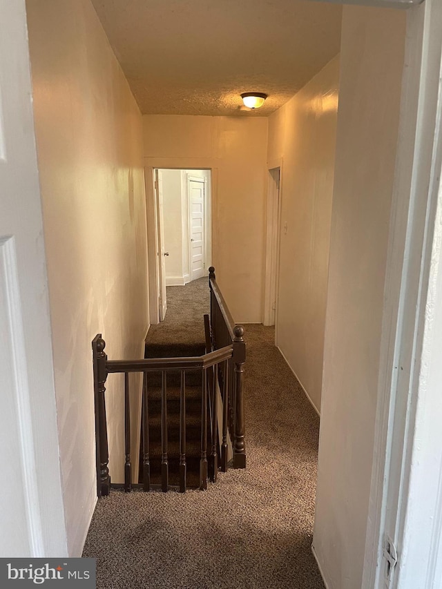 hall with carpet, a textured ceiling, and an upstairs landing