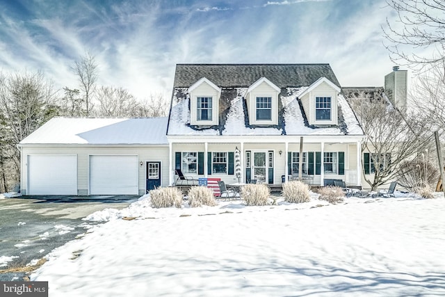 new england style home featuring an attached garage, covered porch, and aphalt driveway