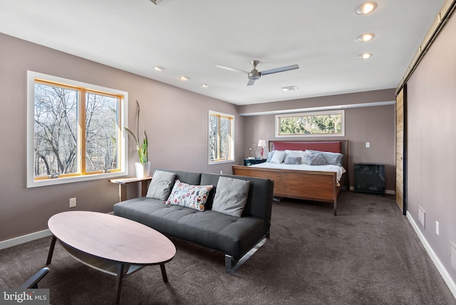 bedroom with recessed lighting, baseboards, carpet floors, and ceiling fan