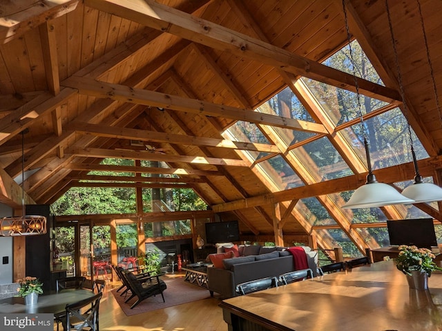 interior space with high vaulted ceiling, a healthy amount of sunlight, hardwood / wood-style flooring, and wooden ceiling