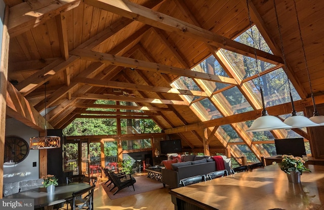 living room with high vaulted ceiling, plenty of natural light, and wood ceiling