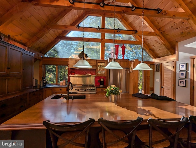 dining room with high vaulted ceiling, sink, beamed ceiling, and wood ceiling