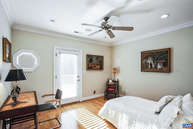 bedroom featuring access to exterior, crown molding, ceiling fan, and light wood-type flooring