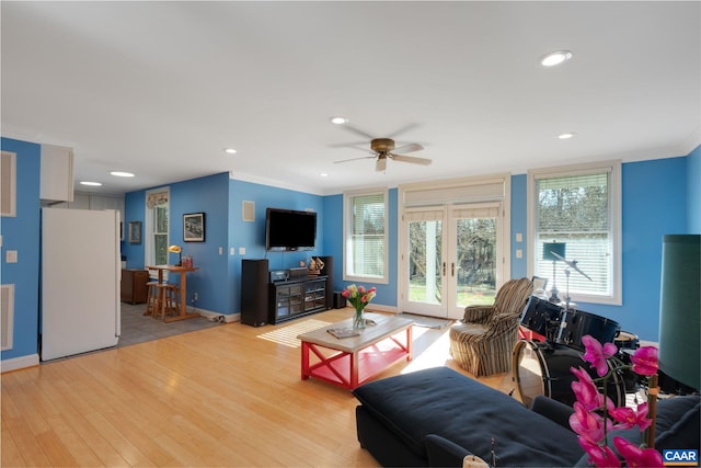 living room with ornamental molding, ceiling fan, and light wood-type flooring