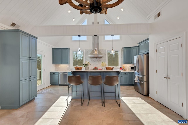 kitchen with wood ceiling, stainless steel fridge, hanging light fixtures, backsplash, and a kitchen island