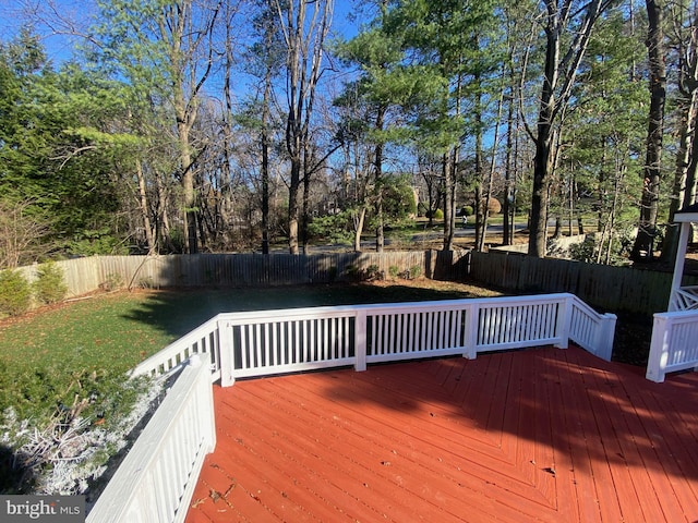 wooden terrace with a fenced backyard and a yard