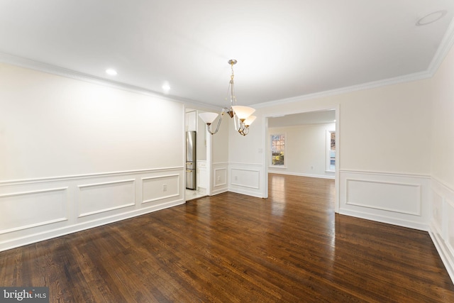 unfurnished dining area featuring ornamental molding, dark wood finished floors, a notable chandelier, and recessed lighting