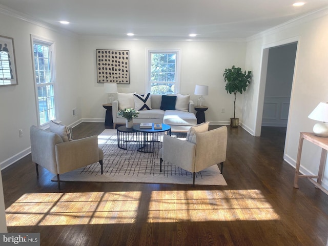 living area featuring dark wood-style floors, baseboards, ornamental molding, and recessed lighting