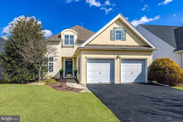 traditional-style home featuring driveway, a front yard, and stucco siding