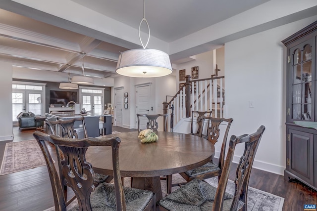 dining space with coffered ceiling, french doors, dark hardwood / wood-style floors, and beam ceiling