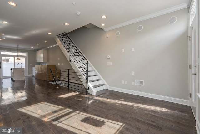 interior space with ornamental molding, dark hardwood / wood-style floors, and sink