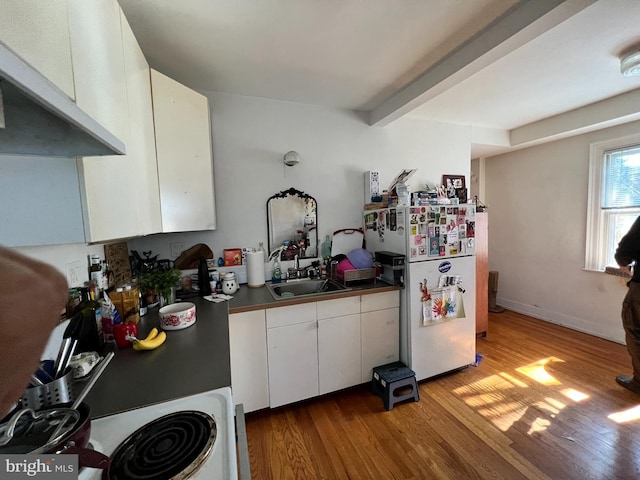 kitchen with white cabinets, freestanding refrigerator, light wood-type flooring, under cabinet range hood, and a sink