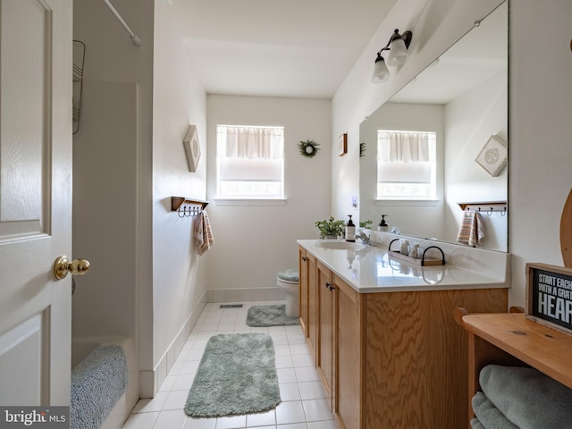 bathroom with vanity, tile patterned flooring, and toilet