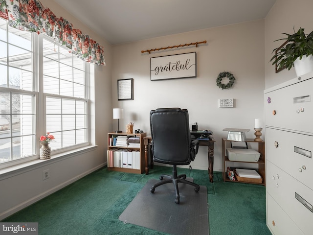 office with plenty of natural light and dark colored carpet