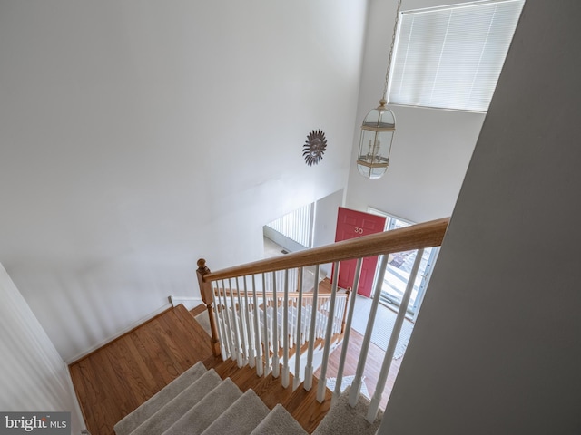 stairs featuring wood-type flooring and a towering ceiling