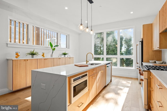 kitchen with sink, hanging light fixtures, a center island with sink, light wood-type flooring, and stainless steel appliances