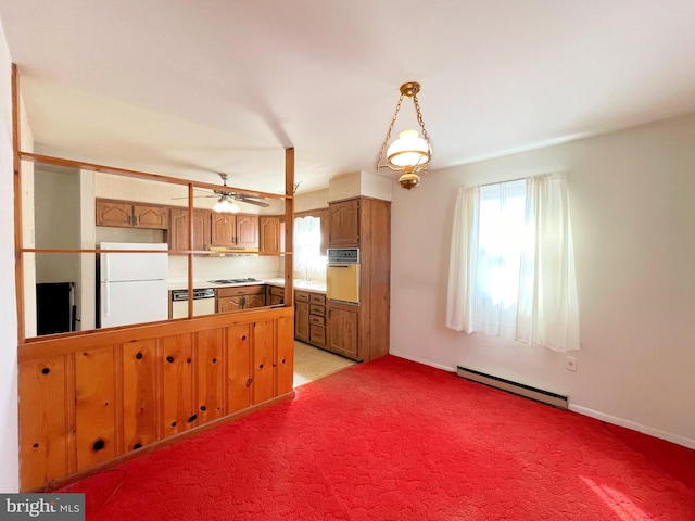 kitchen featuring a baseboard radiator, white appliances, ceiling fan, decorative light fixtures, and light carpet