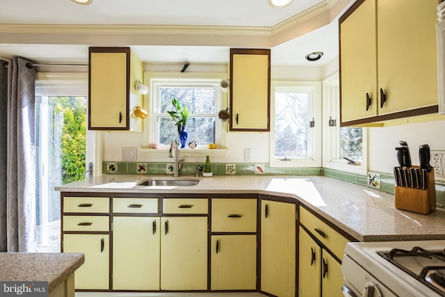 kitchen featuring crown molding, white gas range, a sink, and light stone countertops