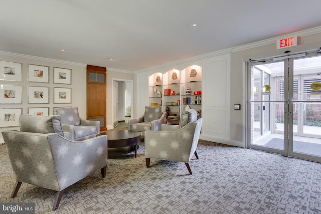 interior space with ornamental molding and light colored carpet