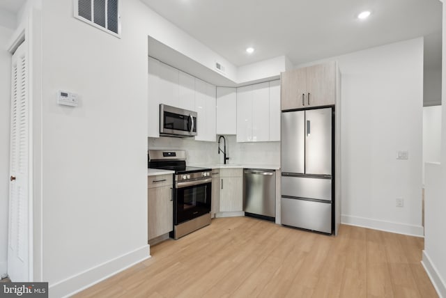 kitchen featuring sink, appliances with stainless steel finishes, tasteful backsplash, and light hardwood / wood-style flooring