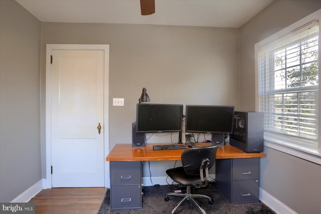 office featuring ceiling fan, a healthy amount of sunlight, and dark hardwood / wood-style floors