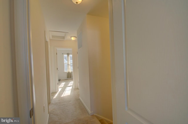 hallway featuring light colored carpet