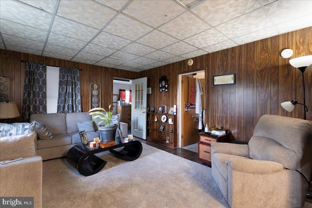 carpeted living room featuring wood walls